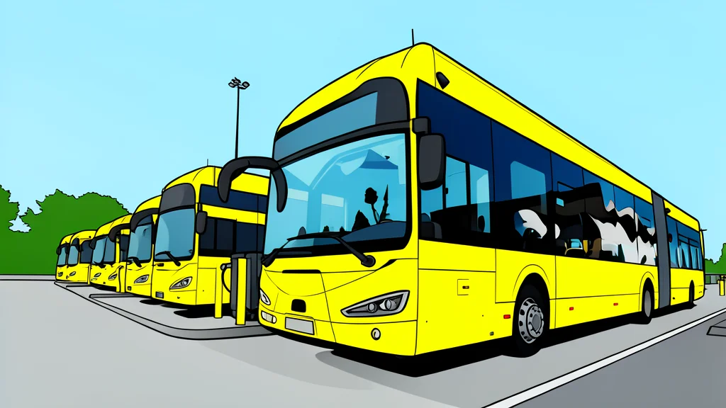 A row of large, white articulated electric buses parked in a depot with charging cables connected to their sides