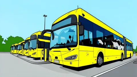 A row of large, white articulated electric buses parked in a depot with charging cables connected to their sides