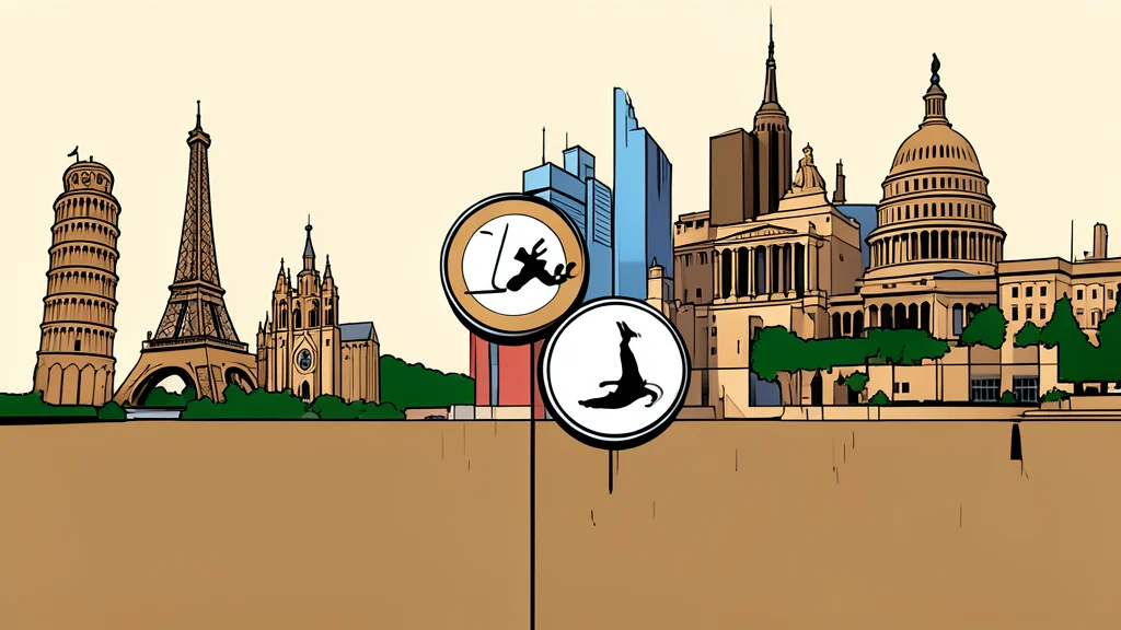 A stylized vector illustration of two intersecting line graphs on a flat surface.