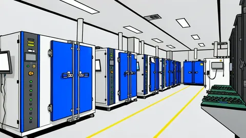 Rows of black server racks in a dimly lit data center hall