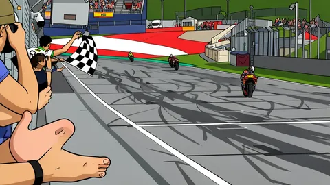 A red and white motorcycle leaning into a turn on a paved racing circuit.