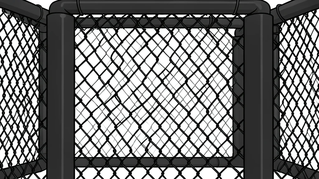 A circular fighting cage with black mesh fencing and padded posts