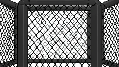 A circular fighting cage with black mesh fencing and padded posts