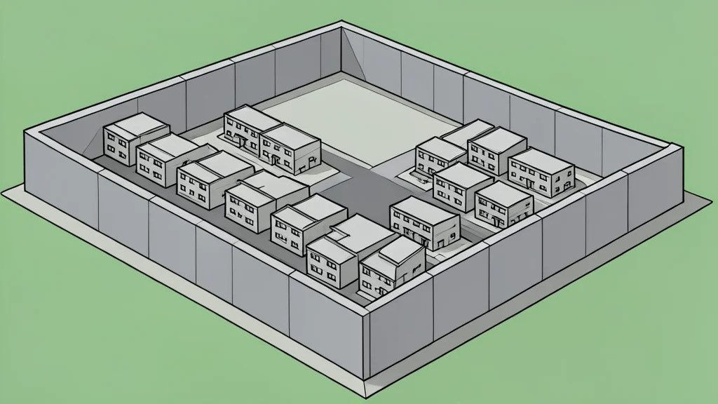 A flat vector illustration of a large fortified concrete compound with high perimeter walls and multiple residential blocks.