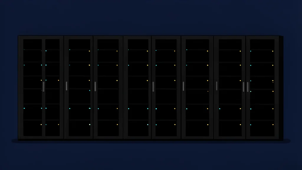 A row of black server racks with blinking status lights in a dark data center room