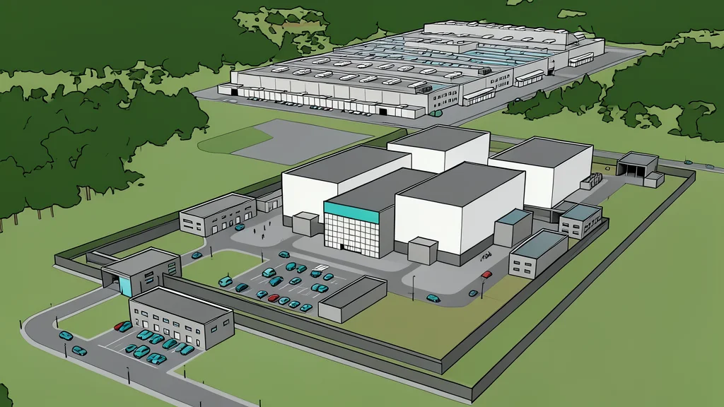 A modular nuclear reactor unit and industrial battery storage containers situated on a military base lawn