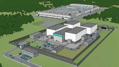 A modular nuclear reactor unit and industrial battery storage containers situated on a military base lawn