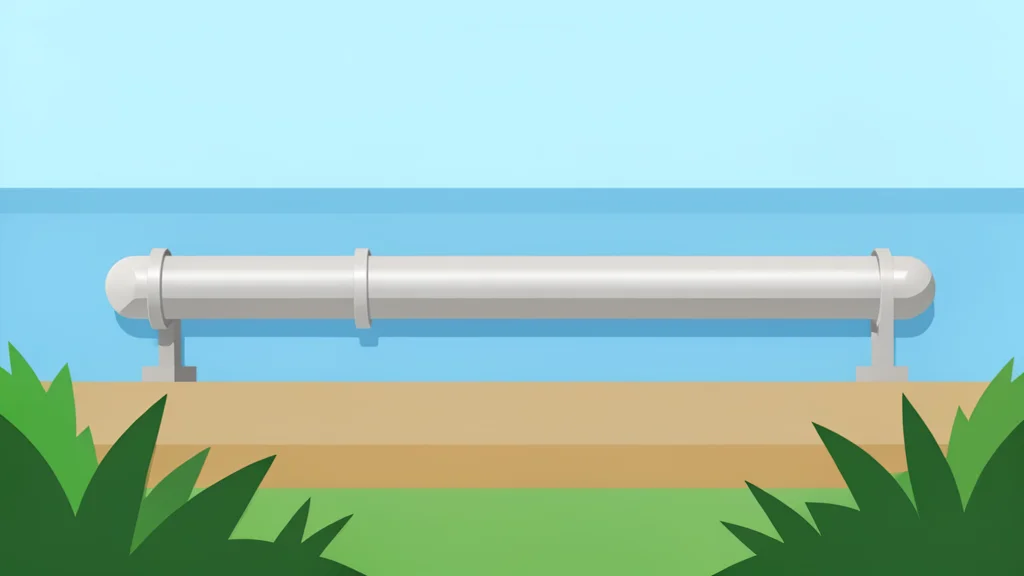 A long, silver metallic pipeline running through a coastal landscape