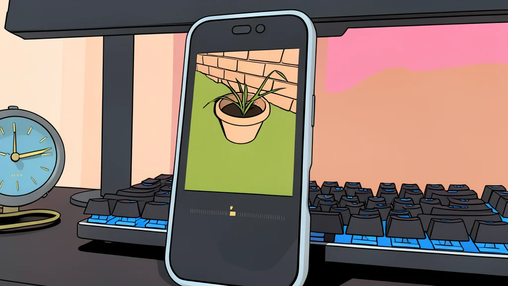 A smartphone lying on a wooden desk next to a camera lens