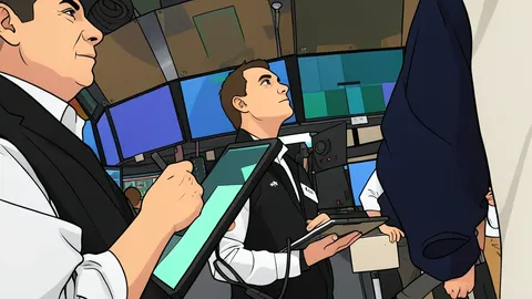 A flat vector illustration of a trading floor with rows of desks and computer monitors.