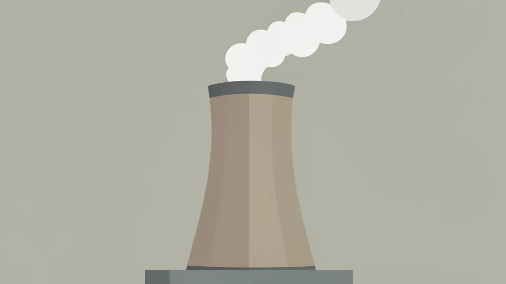 A large industrial cooling tower with steam rising from the top