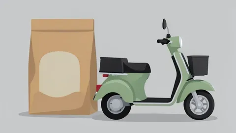 A flat vector illustration of a pet food bag and a delivery scooter parked side by side.
