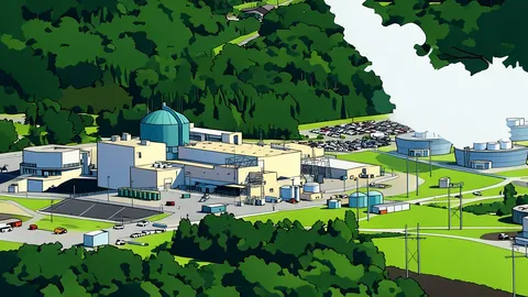 A flat-vector illustration of an industrial facility with cooling towers and containment domes situated near a river.