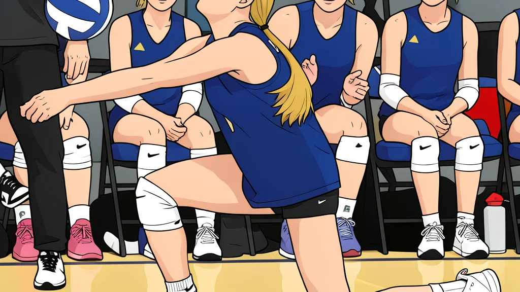 A white volleyball resting on a polished wooden gymnasium floor near a net post