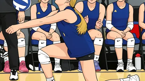 A white volleyball resting on a polished wooden gymnasium floor near a net post