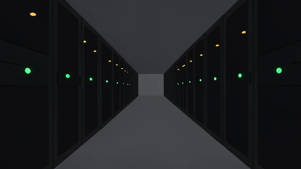 Rows of black server racks with blinking status lights in a dimly lit data center aisle