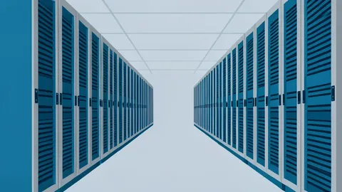 Rows of server racks in a data center