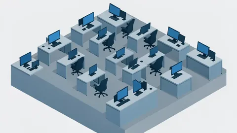 A stylized flat-vector illustration of a trading floor with rows of empty desks and monitors.