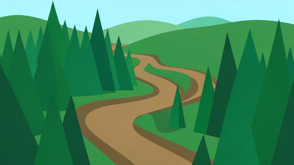 A winding mountain bike trail with switchbacks cutting through a dense, green forested state park.