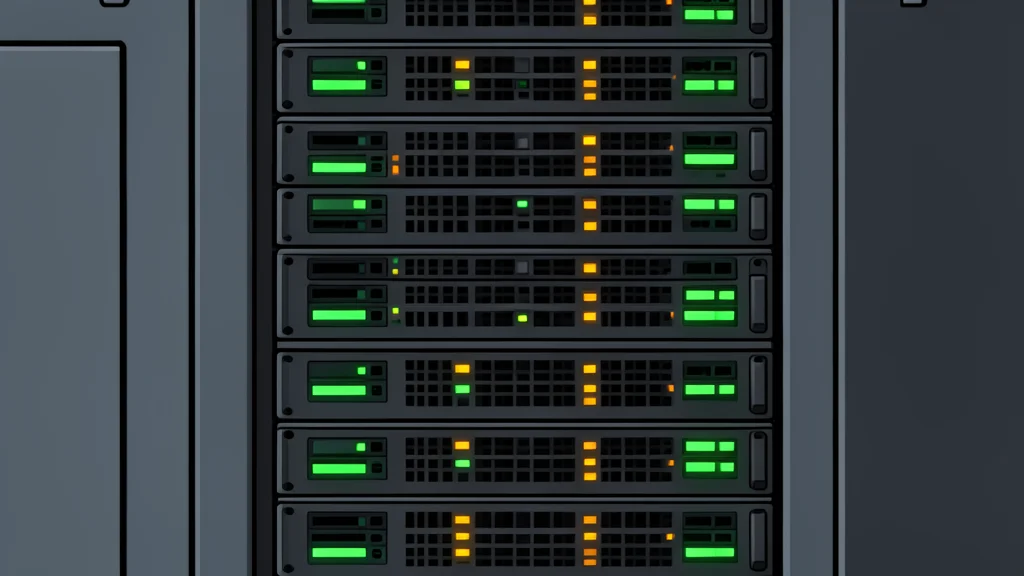 A server rack with blinking status lights