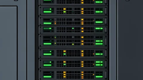 A server rack with blinking status lights