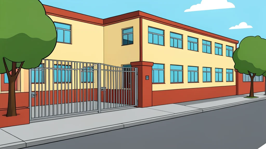 A vocational high school building exterior with a metal gate and a quiet street in front