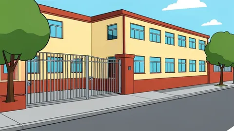 A vocational high school building exterior with a metal gate and a quiet street in front