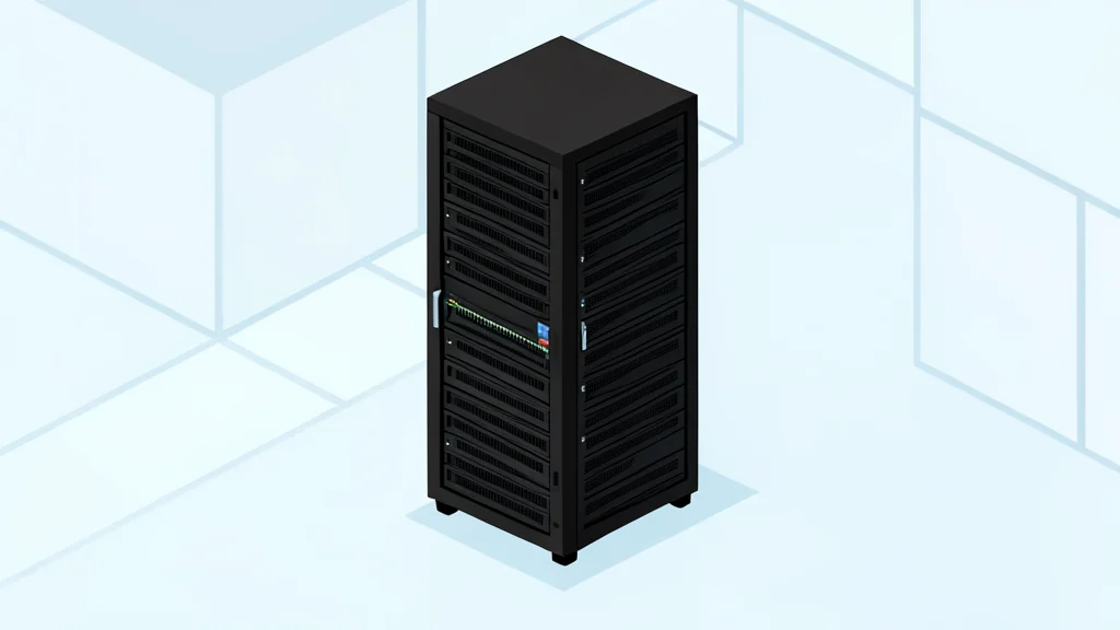 A clean, modern server rack standing in a spacious data center aisle.