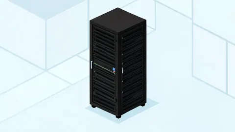 A clean, modern server rack standing in a spacious data center aisle.