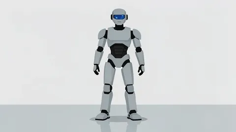 A flat vector illustration of a humanoid robot standing on a polished industrial floor.