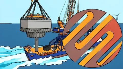 A large offshore wind turbine installation vessel with a heavy crane arm extending over the ocean surface