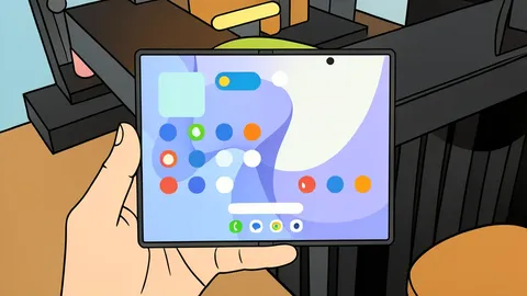 A flat vector illustration of a smartphone with a flexible screen folded in half.