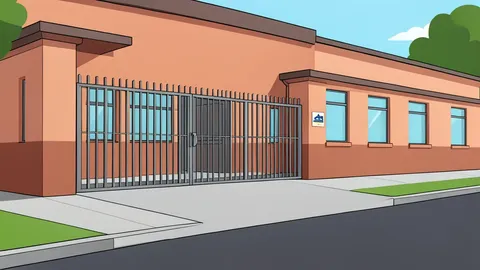A high school building exterior with a metal gate and a quiet street in front