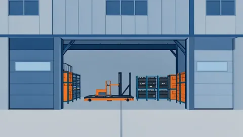A flat-vector illustration of a large industrial laboratory building with heavy overhead doors and concrete floors, housing a modular electric vehicle testbed and battery racks.