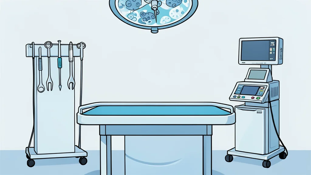 A clean, sterile medical operating room featuring a surgical table and organized instruments.