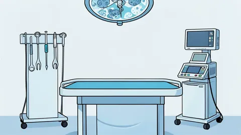 A clean, sterile medical operating room featuring a surgical table and organized instruments.