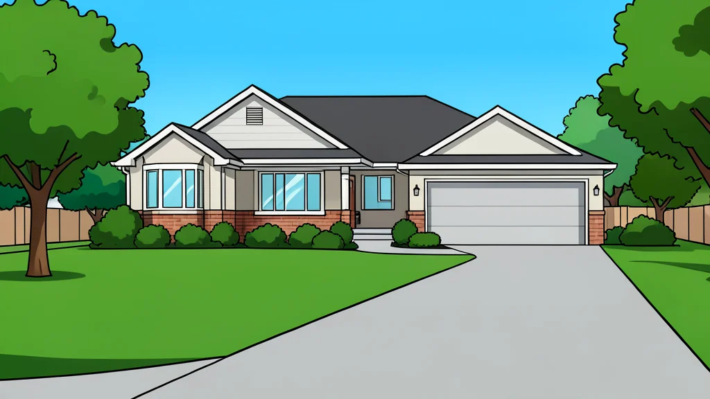 A residential house in a suburban neighborhood with a manicured lawn and a driveway