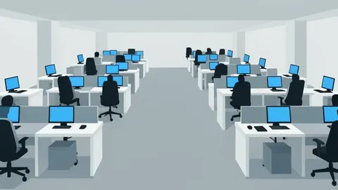 A flat vector illustration of a trading floor with rows of desks and monitors.