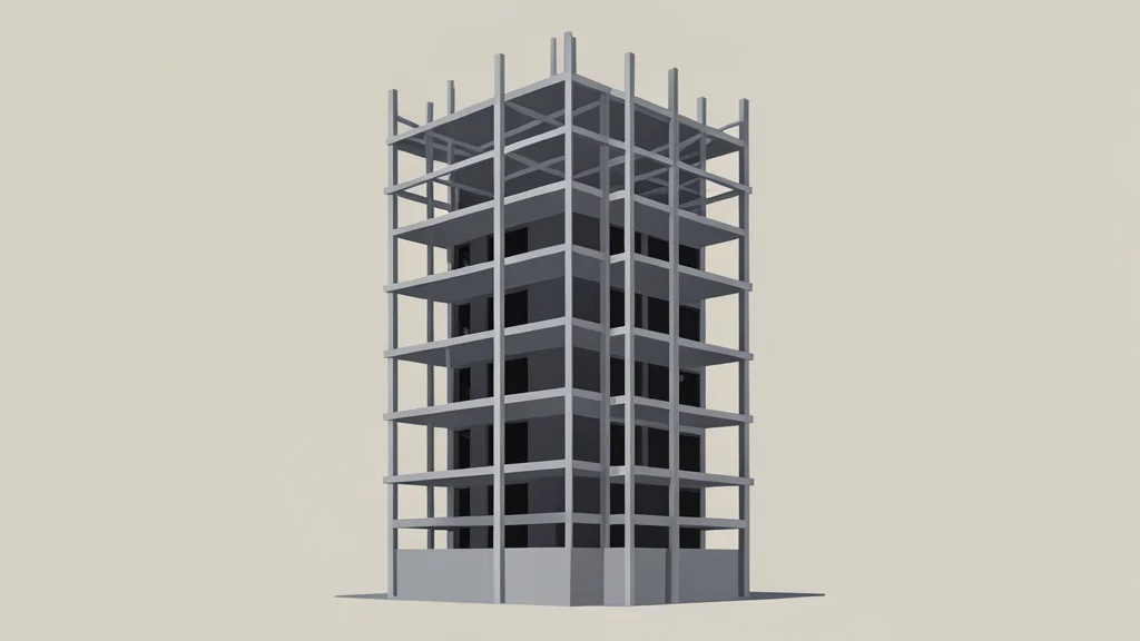A modern high-rise residential building under construction with visible steel framework and concrete floors