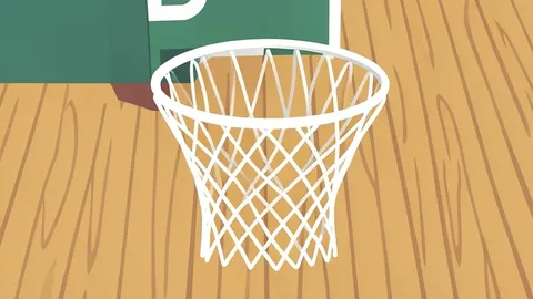 A flat vector illustration of a basketball court with a hoop and net, emphasizing the texture of the wooden floor and the structure of the rim.