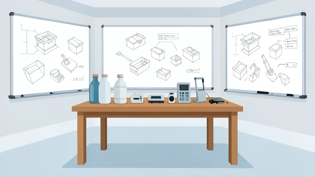 A modern industrial design studio with whiteboards covered in product sketches and physical prototypes of consumer goods on tables