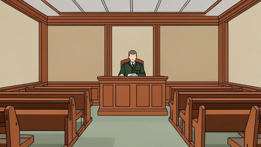 A flat vector illustration of a wooden judge's bench and rows of empty benches in a courtroom setting.