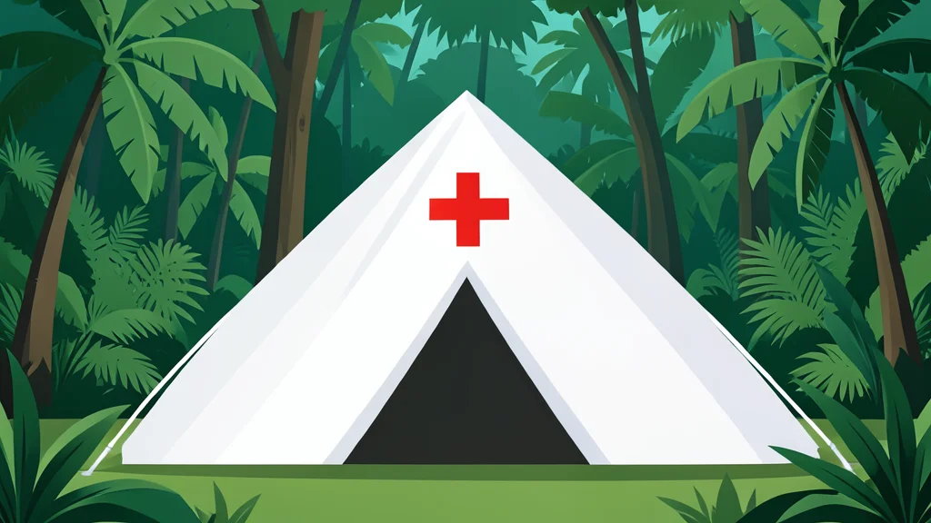 A white medical tent with a red cross symbol situated in a dense green tropical forest.