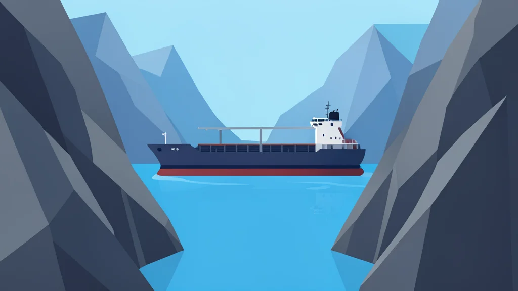 A flat vector illustration of a tanker ship navigating a narrow strait between rocky coastlines.