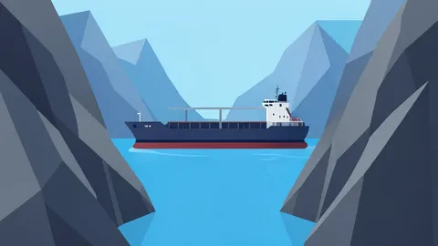 A flat vector illustration of a tanker ship navigating a narrow strait between rocky coastlines.