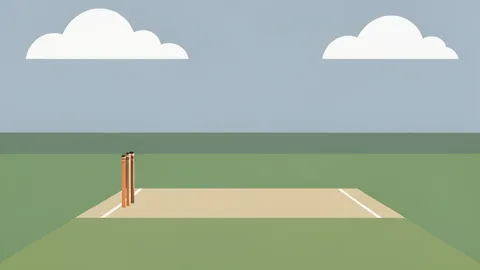 A cricket pitch with stumps at one end, surrounded by a grass outfield under a cloudy sky.