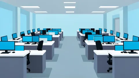 A flat-vector illustration of a trading floor with rows of desks and glowing monitors.