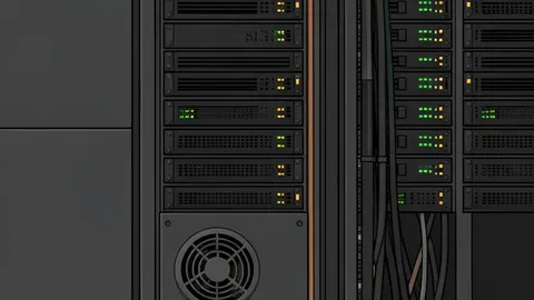 A server rack with blinking status lights