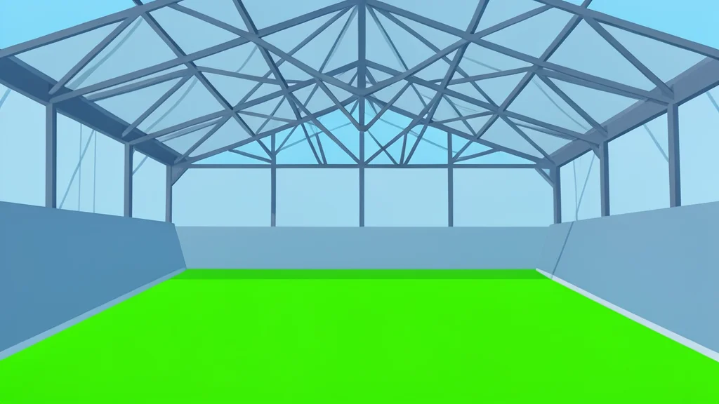 A wide-angle view of a large indoor stadium with a green field and complex roof structure.
