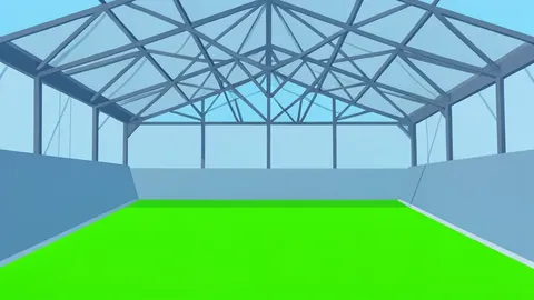 A wide-angle view of a large indoor stadium with a green field and complex roof structure.
